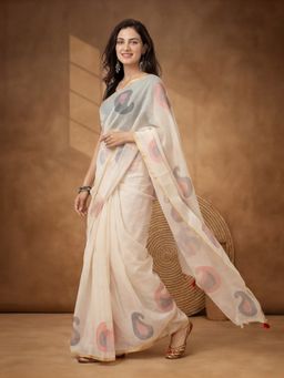 Jaipur Kurti - Beige Pure Cotton Paisley Saree With Unstitched Blouse