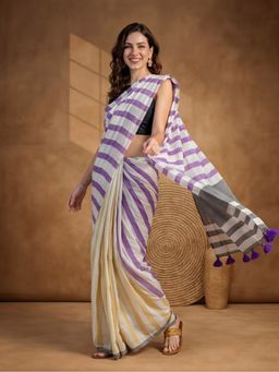 Jaipur Kurti - Purple Linen Stripes Saree With Unstitched Blouse