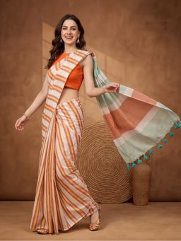 Jaipur Kurti - Orange Linen Stripes Saree With Unstitched Blouse