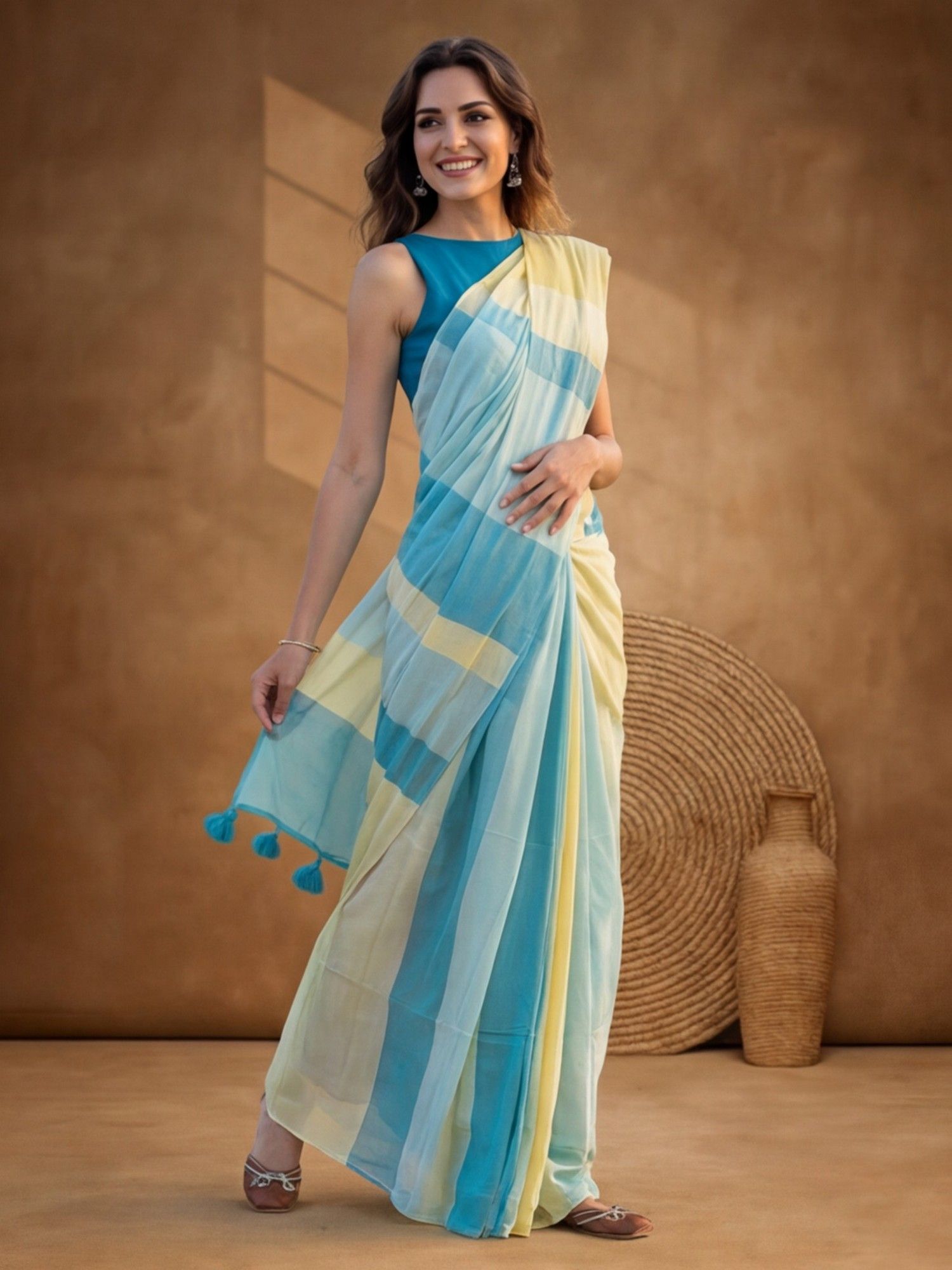 Women Yellow Linen Stripes Saree With Unstitched Blouse-image-28