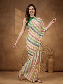 Jaipur Kurti - Multi Color Women Linen Stripes Saree With Unstitched Blouse