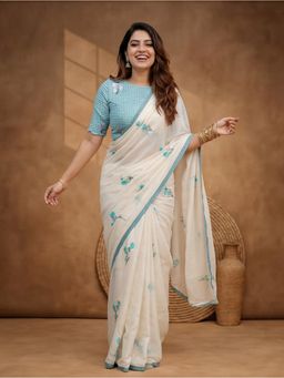 Jaipur Kurti - Blue Linen Blend Floral Saree With Unstitched Blouse