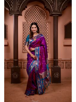Suha - Pathani with Zari Border Purple Saree with Unstitched Blouse