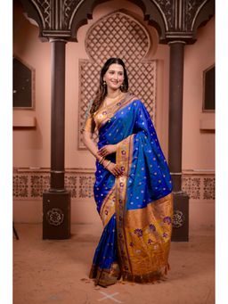 Suha - Soft Silk Blue Pathani with Zari Border Saree with Unstitched Blouse