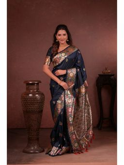 Suha - Women Soft Silk Pathani Navy Blue Saree with Unstitched Blouse