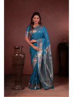 Suha - Women Soft Silk Pathani Turquoise Saree with Unstitched Blouse