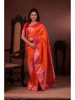 Suha - Women Soft Silk Banarasi Orange Saree with Unstitched Blouse