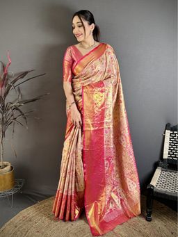 Suha - Women Kanjivaram Semi Silk Beige Saree with Unstitched Blouse
