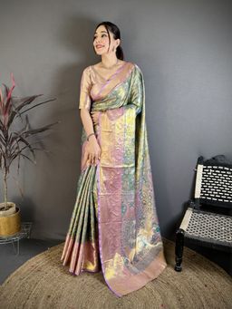 Suha - Women Kanjivaram Semi Silk Lavender Saree with Unstitched Blouse