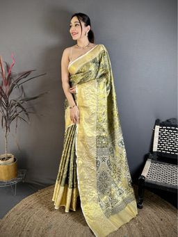 Suha - Women Kanjivaram Olive Saree with Unstitched Blouse