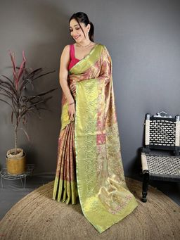 Suha - Women Kanjivaram Pink Saree with Unstitched Blouse