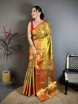 Suha - Women Gold Kanjivaram Saree with Unstitched Blouse