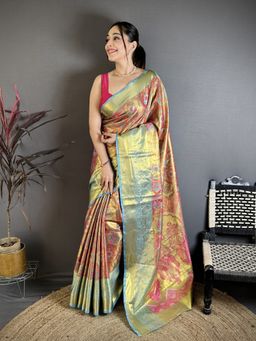 Suha - Women Pink Kanjivaram Saree with Unstitched Blouse