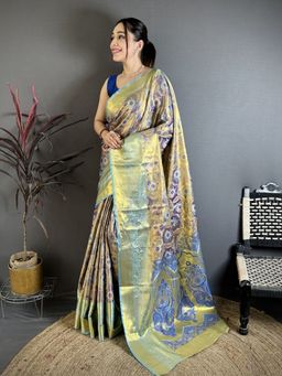 Suha - Women Blue Kanjivaram Saree with Unstitched Blouse