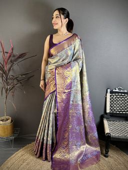 Suha - Blue Kanjivaram Saree with Unstitched Blouse
