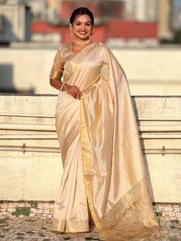Suha - Tussar Silk Kanjivaram Zari Woven Cream Saree with Unstitched Blouse