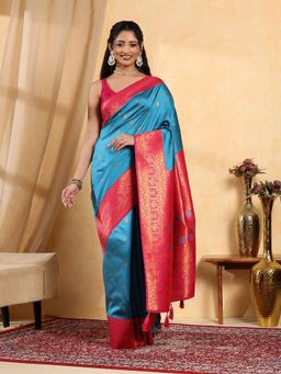 Garden VARELI - Blue Silk Blend Woven Saree with Unstitched Blouse