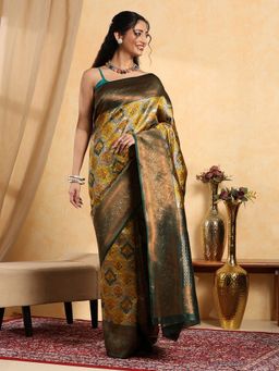 Garden VARELI - Women Yellow Art Silk Woven Saree with Unstitched Blouse
