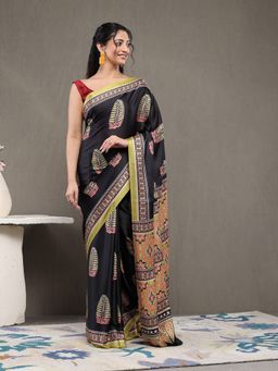 Garden VARELI - Women'S Black Satin Printed Saree with Unstitched Blouse