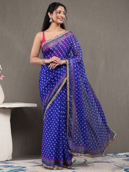 Garden VARELI - Royal Blue Chiffon Floral Saree with Unstitched Blouse