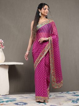 Garden VARELI - Rani Pink Chiffon Floral Saree with Unstitched Blouse