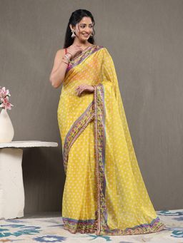 Garden VARELI - Yellow Chiffon Floral Saree with Unstitched Blouse