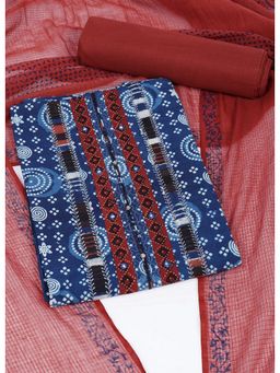 Kami Kubi - Blue Bandhani Print Cotton Unstitched Kurta and Pant with Dupatta