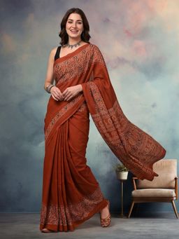 Jaipur Kurti - Rust Pure Cotton Paisley Saree With Unstitched Blouse