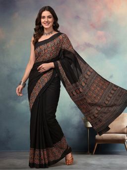 Jaipur Kurti - Black Pure Cotton Paisley Saree With Unstitched Blouse