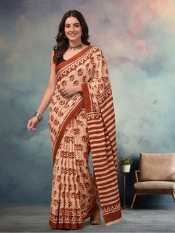 Jaipur Kurti - Women Beige Pure Cotton Floral Saree With Unstitched Blouse