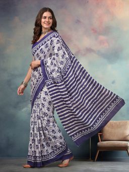 Jaipur Kurti - Navy Blue Cotton Floral Saree With Unstitched Blouse