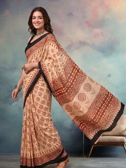 Jaipur Kurti - Beige Pure Cotton Floral Saree With Unstitched Blouse