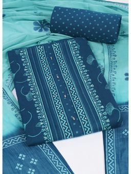 Kami Kubi - Elegant Blue Printed Cotton Unstitched Kurta and Pant with Dupatta