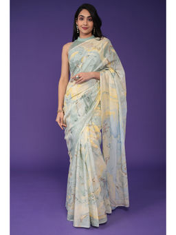 Zari Jaipur - Yellow Printed Saree with Unstitched Blouse