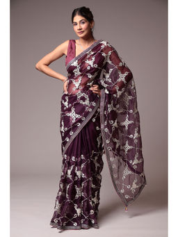 Zari Jaipur - Purple Embroidered Saree with Unstitched Blouse