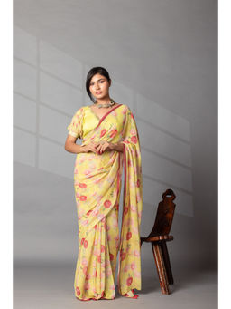 Zari Jaipur - Yellow Printed Saree with Unstitched Blouse