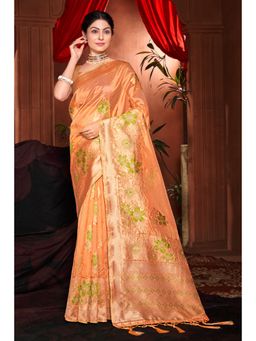 Sangam Prints - Peach Silk Woven Zari Work Traditional Tassel Saree with Unstitched Blouse