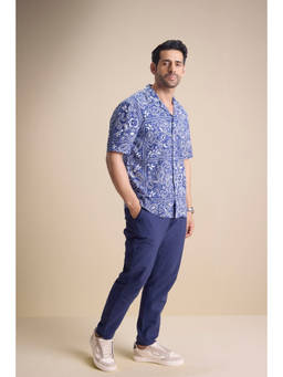 TERRA LUNA - Blue Vento Short Sleeve Camp Collar Shirt