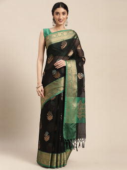 Banarasi Silk Works - Black Kota Check Alfi Boota Zari Border Saree with Unstitched Blouse