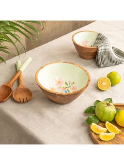 Haus & Kinder - Wood Serving Bowls For Kitchen Wooden Bowls For Desserts Salads Green Floral