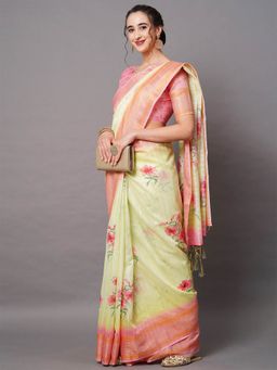 Odette - Green Festive Linen Blend Printed Saree with Unstitched Blouse
