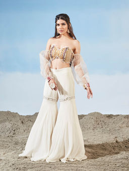 Siyona by Ankurita - White The Jasmine Bustier with Sharara (Set of 2)