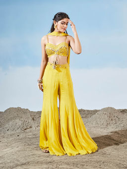 Siyona by Ankurita - Yellow Majestic Rays Sharara with Bustier and Dupatta (Set of 3)