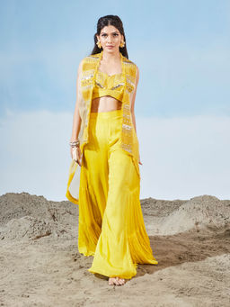 Siyona by Ankurita - Yellow Coast Sharara with Blouse and Cape (Set of 3)