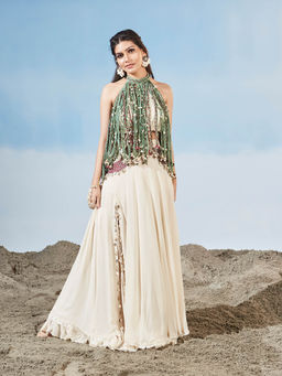 Siyona by Ankurita - Beige Bohemian Skirt with Bustier (Set of 2)