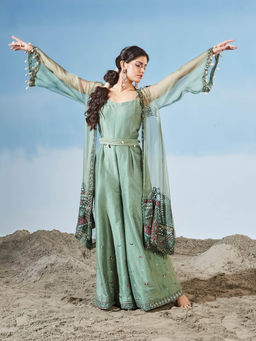 Siyona by Ankurita - Green Azure Sea Jumpsuit with Cape and Belt (Set of 3)