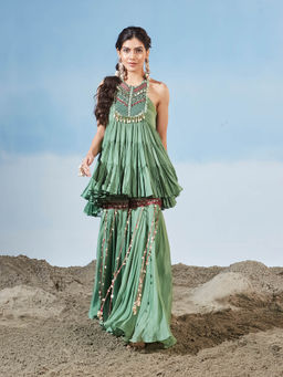 Siyona by Ankurita - Green Billowing Dunes Top with Sharara (Set of 2)