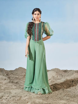 Siyona by Ankurita - Green Shimmering Shoreline Top with Pant (Set of 2)
