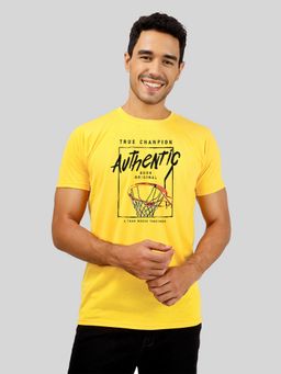 Greylongg - Comfortable Men Round Neck Yellow T-Shirt