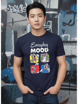 Greylongg - Comfortable Men Round Neck Navy Blue T-Shirt